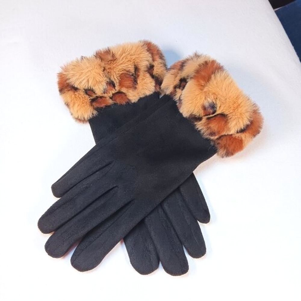NWOT Black Faux Suede Winter Gloves Animal Print Faux Fur Cuffs Women's Size L